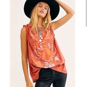 Free People x Wrangler Orange Tiger Oversized Short Sleeve Graphic T-Shirt